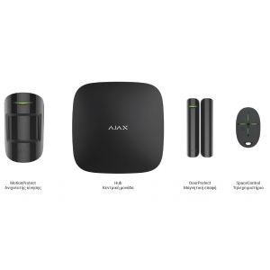 Ασύρματος συναγερμός AJAX Starter Kit Plus με αισθητήρες κίνησης και πόρτας και τηλεκοντρόλ, σε μαύρο χρώμα.